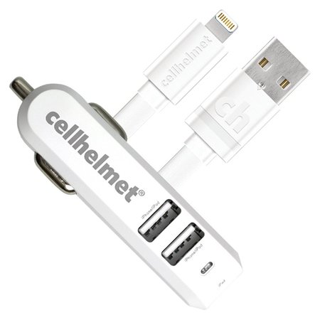 CELLHELMET Three Port Car Charger 4.8A with Apple Lightning Cable 3ft, White CAR-4.8/3-B+F-LIGHT-3-W